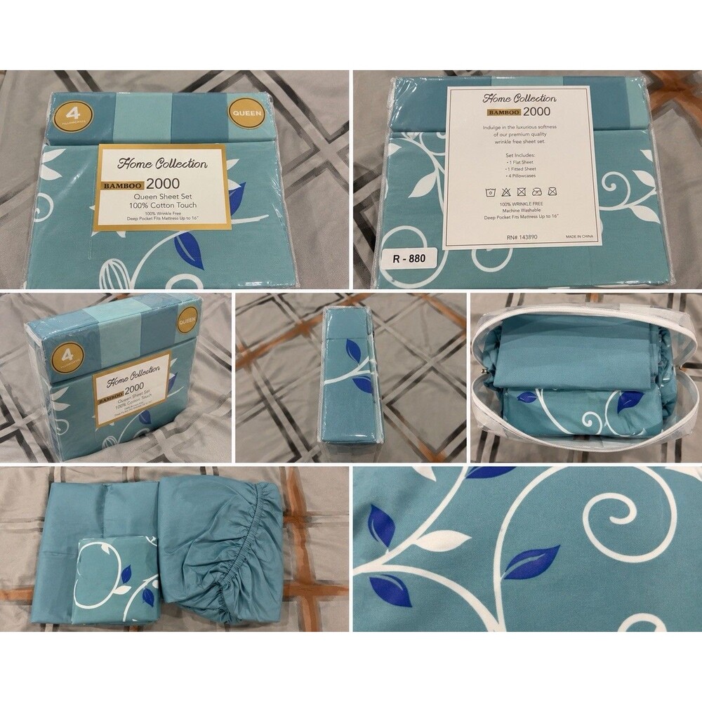 Home Collection Bamboo 2000 Queen Sheet Set Floral Blue/White Wrinkle